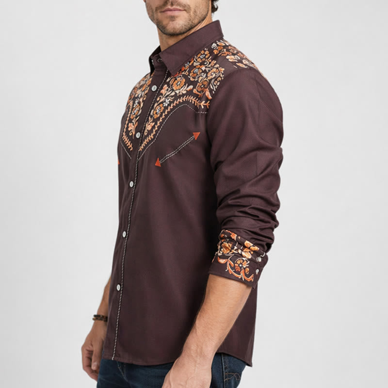 Herren-Hemd im Western-Stil mit braunem Blumenmuster und Passe - image 2