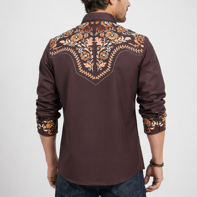 Herren-Hemd im Western-Stil mit braunem Blumenmuster und Passe - image 3