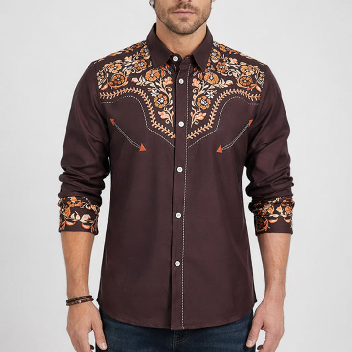 Herren-Hemd im Western-Stil mit braunem Blumenmuster und Passe - image 1