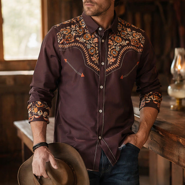 Herren-Hemd im Western-Stil mit braunem Blumenmuster und Passe - Braun - 6XL - image 0