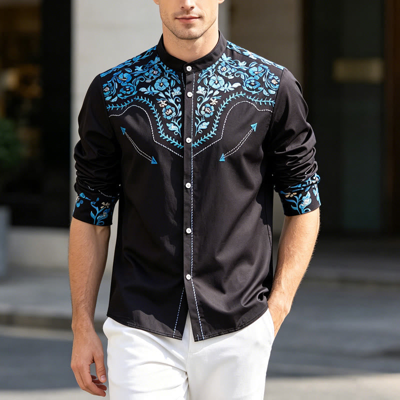 Herren-Westernhemd mit schwarzem und blauem Blumenmuster - Schwarz & Blau - 6XL - image 0