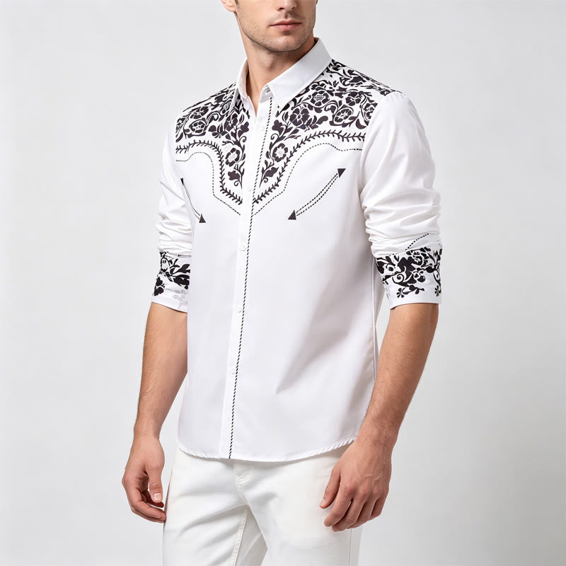 Elegantes Herrenhemd im Western-Stil mit weißem und schwarzem Blumenmuster - image 2