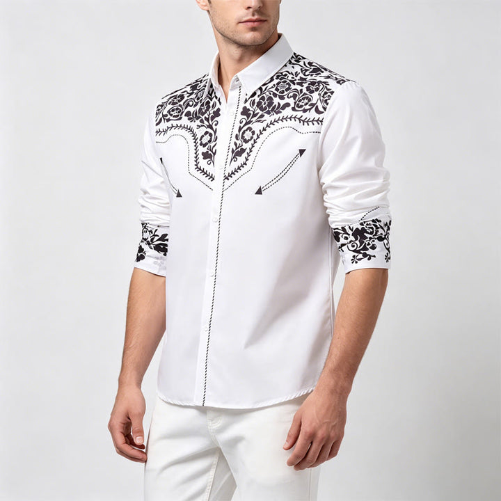 Elegantes Herrenhemd im Western-Stil mit weißem und schwarzem Blumenmuster - image 2