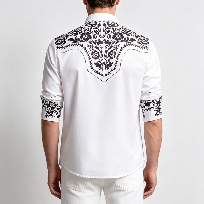 Elegantes Herrenhemd im Western-Stil mit weißem und schwarzem Blumenmuster - image 3