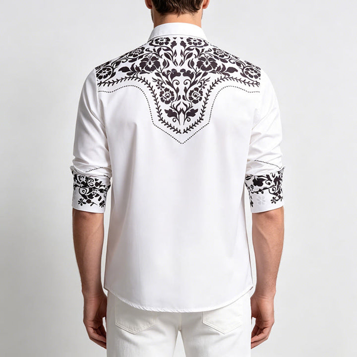 Elegantes Herrenhemd im Western-Stil mit weißem und schwarzem Blumenmuster - image 3