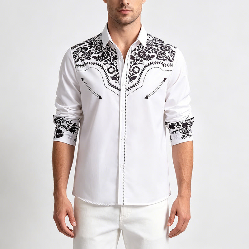 Elegantes Herrenhemd im Western-Stil mit weißem und schwarzem Blumenmuster - image 1