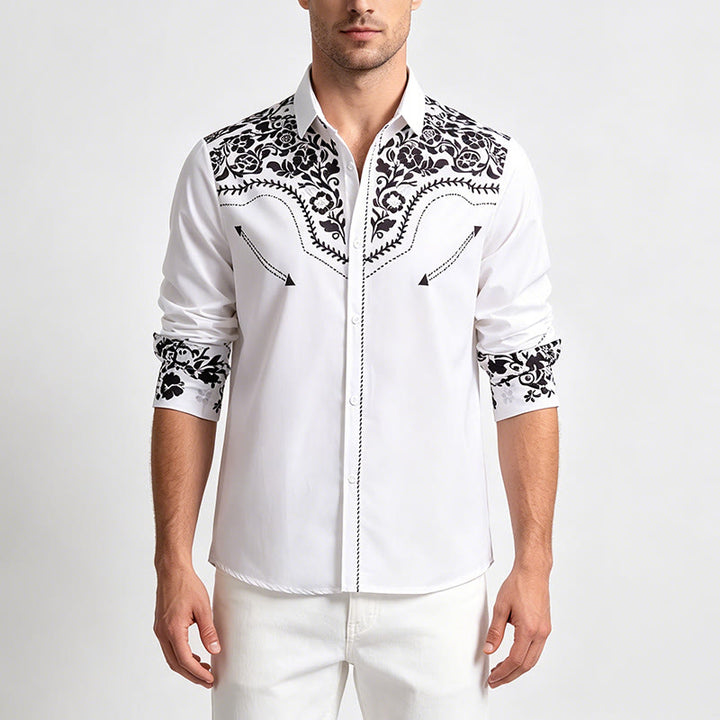 Elegantes Herrenhemd im Western-Stil mit weißem und schwarzem Blumenmuster - image 1