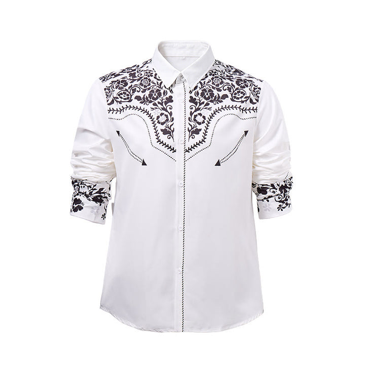 Elegantes Herrenhemd im Western-Stil mit weißem und schwarzem Blumenmuster - image 8