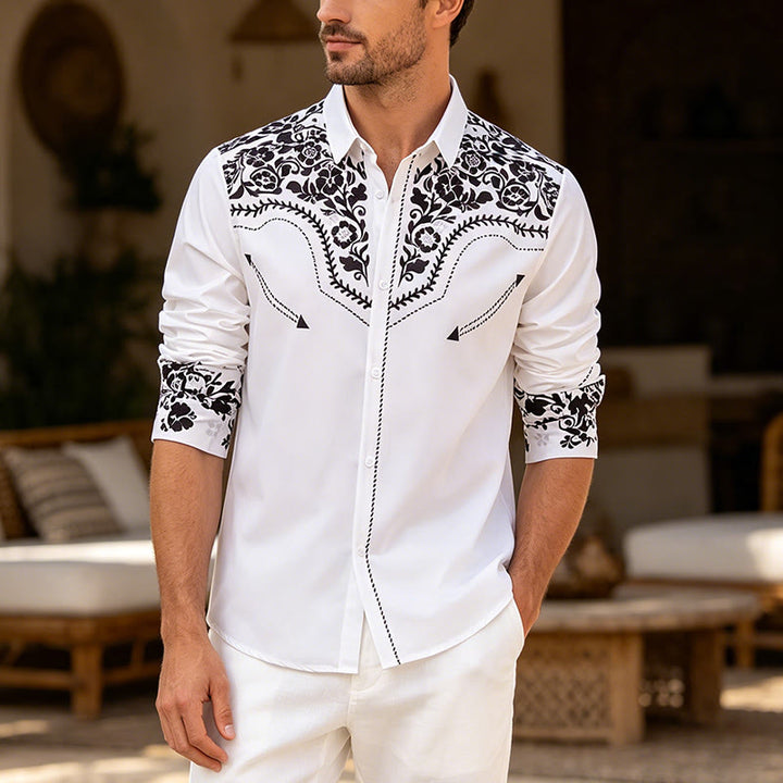 Elegantes Herrenhemd im Western-Stil mit weißem und schwarzem Blumenmuster - Weiß - 6XL - image 0