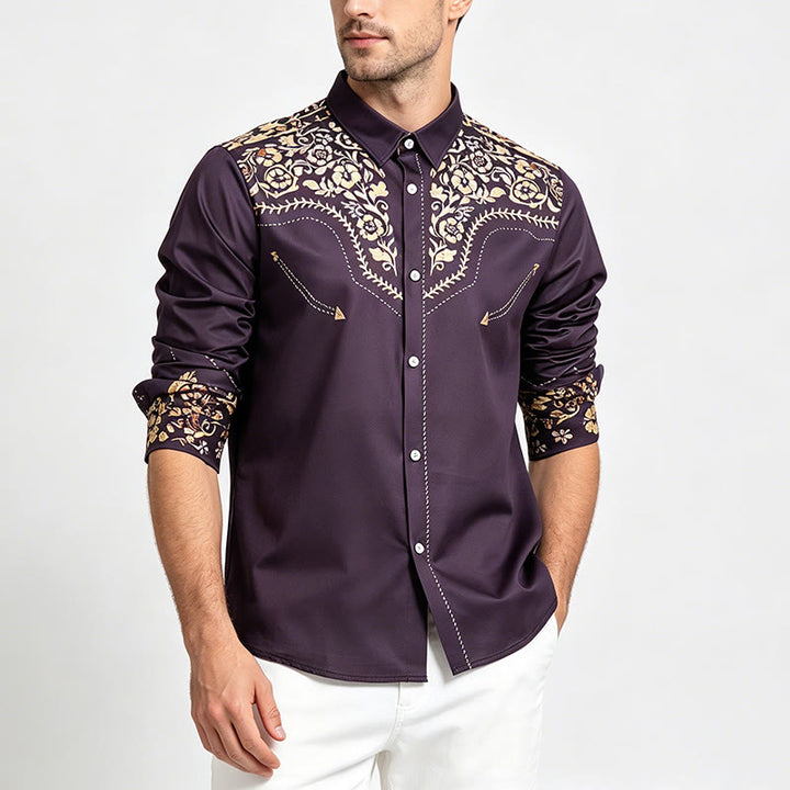 Herrenhemd im Rodeo-Stil mit schwarzem und goldenem Blumenmuster - image 1
