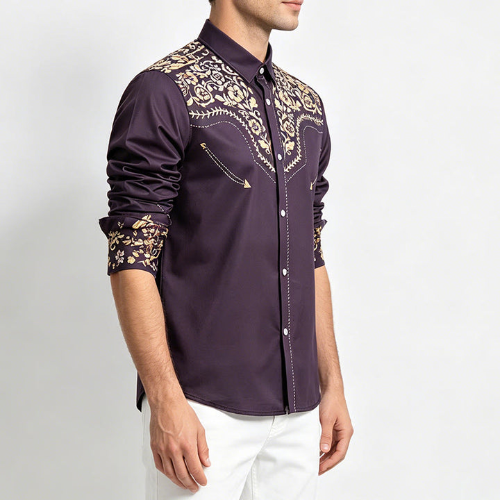 Herrenhemd im Rodeo-Stil mit schwarzem und goldenem Blumenmuster - image 2