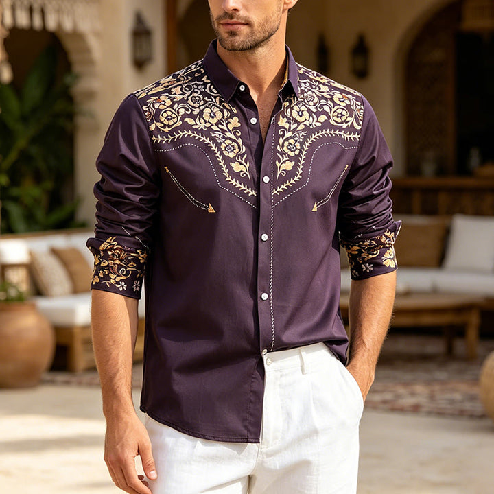 Herrenhemd im Rodeo-Stil mit schwarzem und goldenem Blumenmuster - Schwarz & Gold - 6XL - image 0