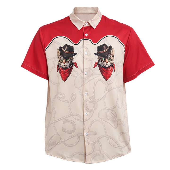 Herrenhemd im Western-Stil mit verspieltem Cowboy-Katzenprint, rot und beige - image 4