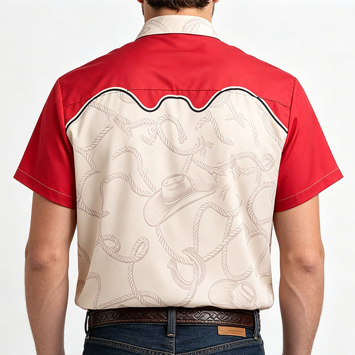 Herrenhemd im Western-Stil mit verspieltem Cowboy-Katzenprint, rot und beige - image 3