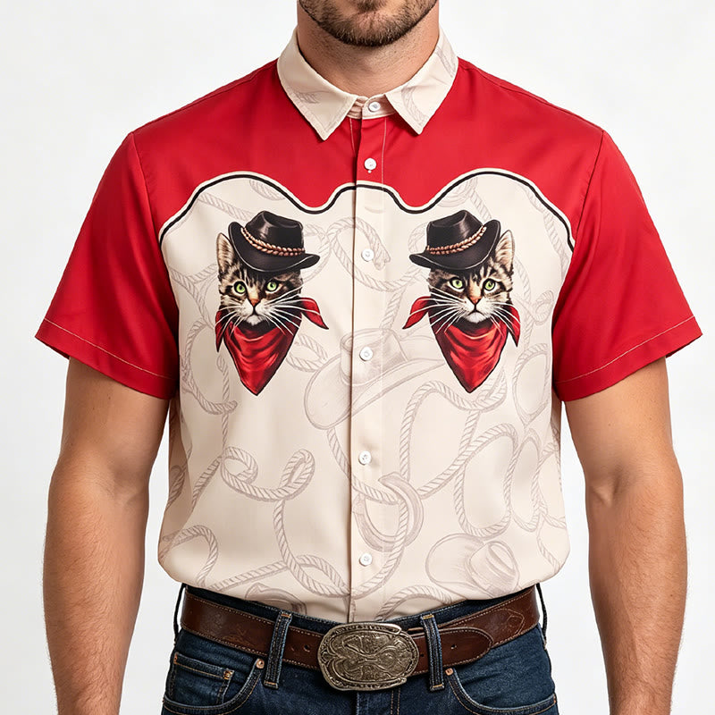 Herrenhemd im Western-Stil mit verspieltem Cowboy-Katzenprint, rot und beige - image 1