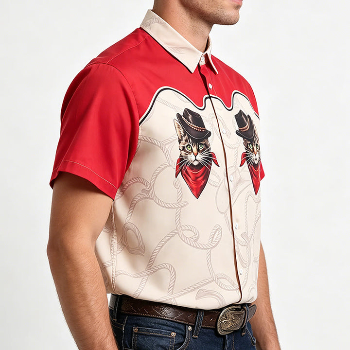 Herrenhemd im Western-Stil mit verspieltem Cowboy-Katzenprint, rot und beige - image 2