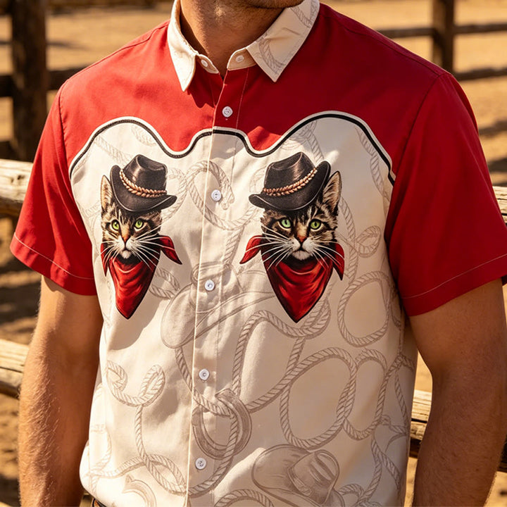 Herrenhemd im Western-Stil mit verspieltem Cowboy-Katzenprint, rot und beige - Rot & Beige - 5XL - image 0