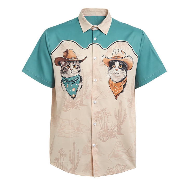 Herrenhemd mit Western-Wüsten-Cowboy-Katzenprint in Türkis und Beige - image 4