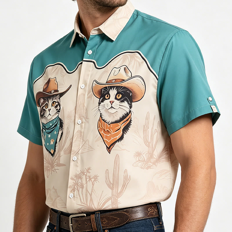 Herrenhemd mit Western-Wüsten-Cowboy-Katzenprint in Türkis und Beige - image 2