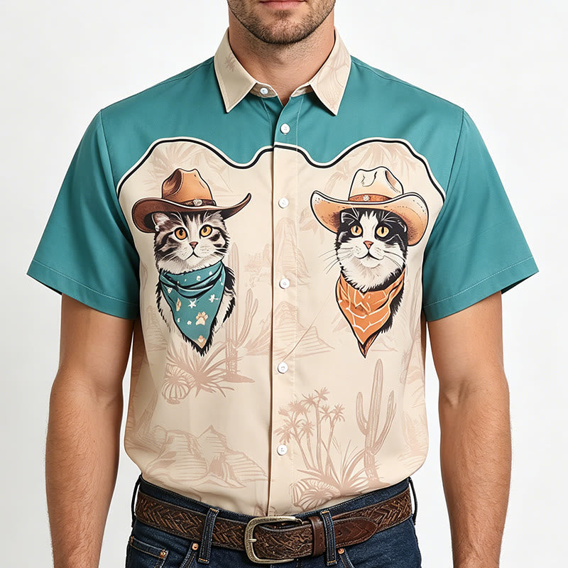 Herrenhemd mit Western-Wüsten-Cowboy-Katzenprint in Türkis und Beige - image 1