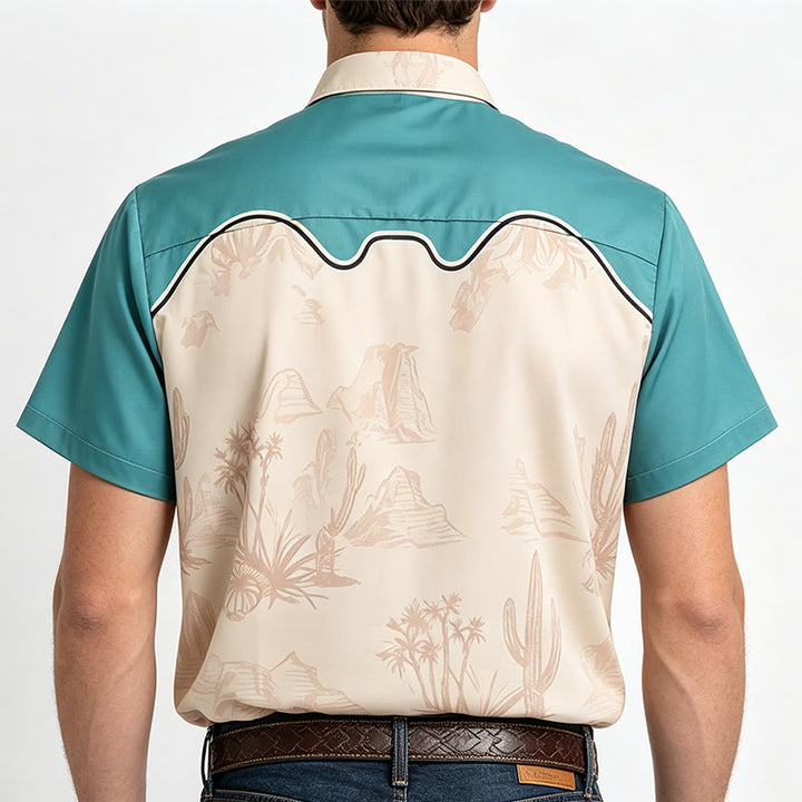 Herrenhemd mit Western-Wüsten-Cowboy-Katzenprint in Türkis und Beige - image 3