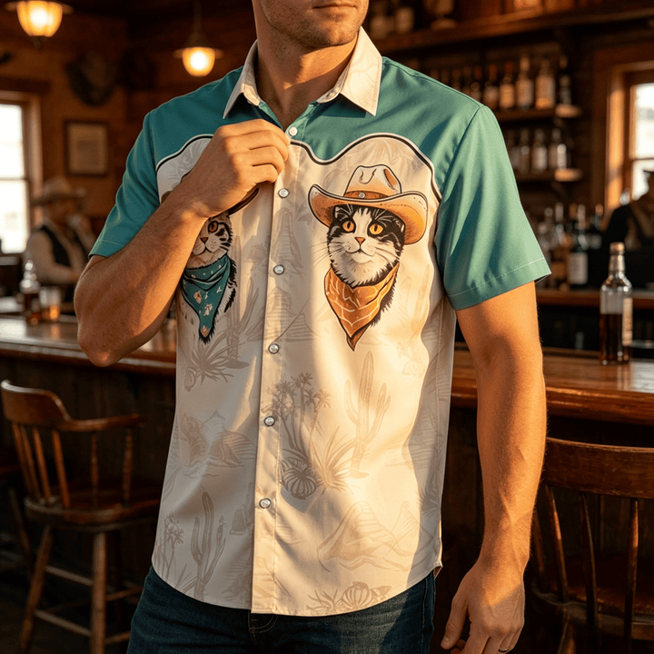 Herrenhemd mit Western-Wüsten-Cowboy-Katzenprint in Türkis und Beige - Türkis & Beige - 5XL - image 0