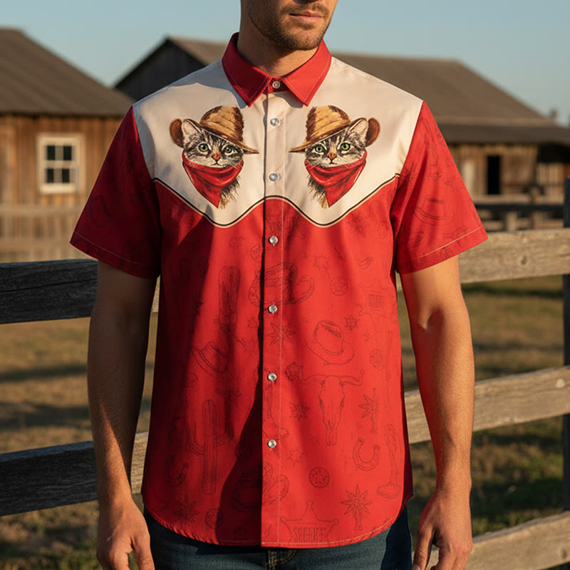 Herrenhemd im Vintage-Western-Stil mit Kaktus- und Katzenmotiv - image 0