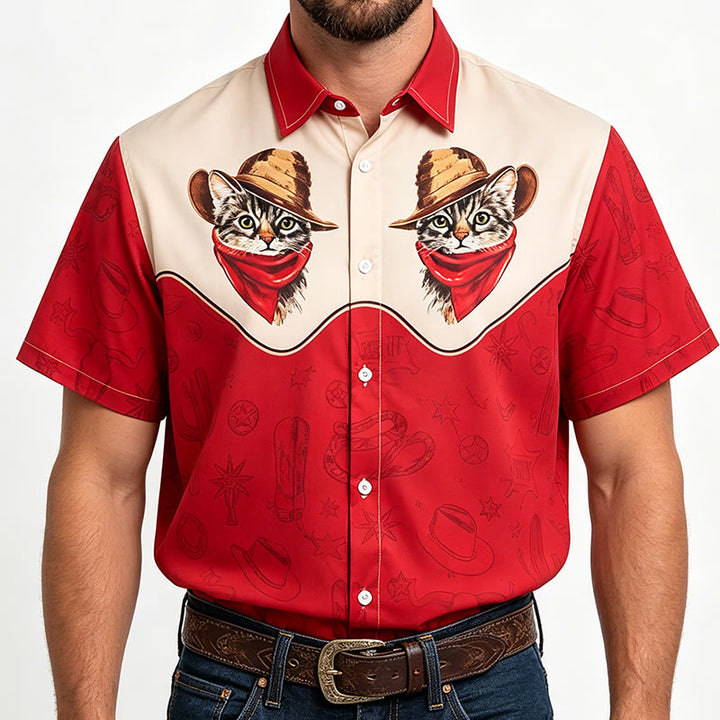 Herrenhemd im Vintage-Western-Stil mit Kaktus- und Katzenmotiv - Rot - 5XL - image 1