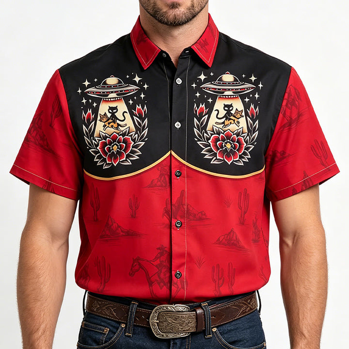 Herrenhemd mit ungewöhnlichem Alien-Katzen-Westernmotiv - Rot & Schwarz - 5XL - image 1