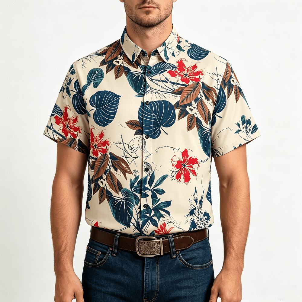 Herrenhemd mit tropischem botanischem Print in Creme - image 1