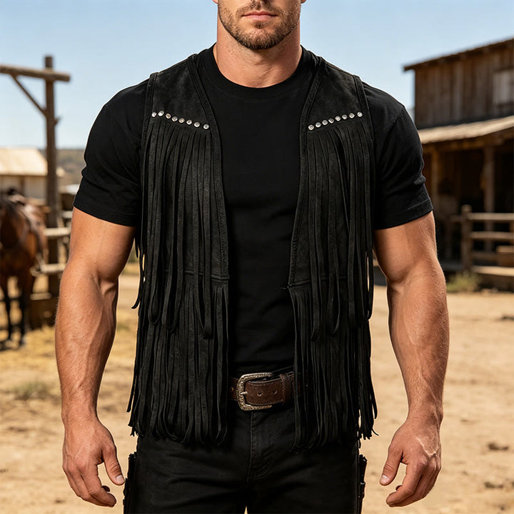 Hippie-Weste für Herren aus Wildlederimitat mit Fransen und Nieten - Schwarz - 2XL - image 4