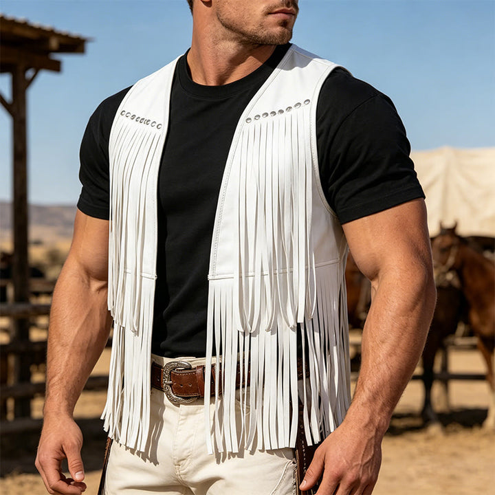 Hippie-Weste für Herren aus Wildlederimitat mit Fransen und Nieten - Weiß - 2XL - image 5