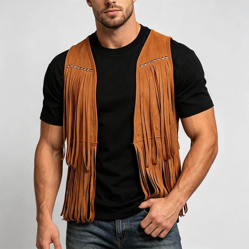Hippie-Weste für Herren aus Wildlederimitat mit Fransen und Nieten - image 1