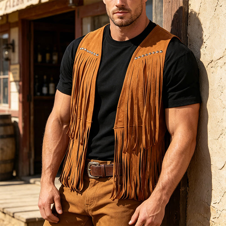 Hippie-Weste für Herren aus Wildlederimitat mit Fransen und Nieten - Dunkelkhaki - 2XL - image 0