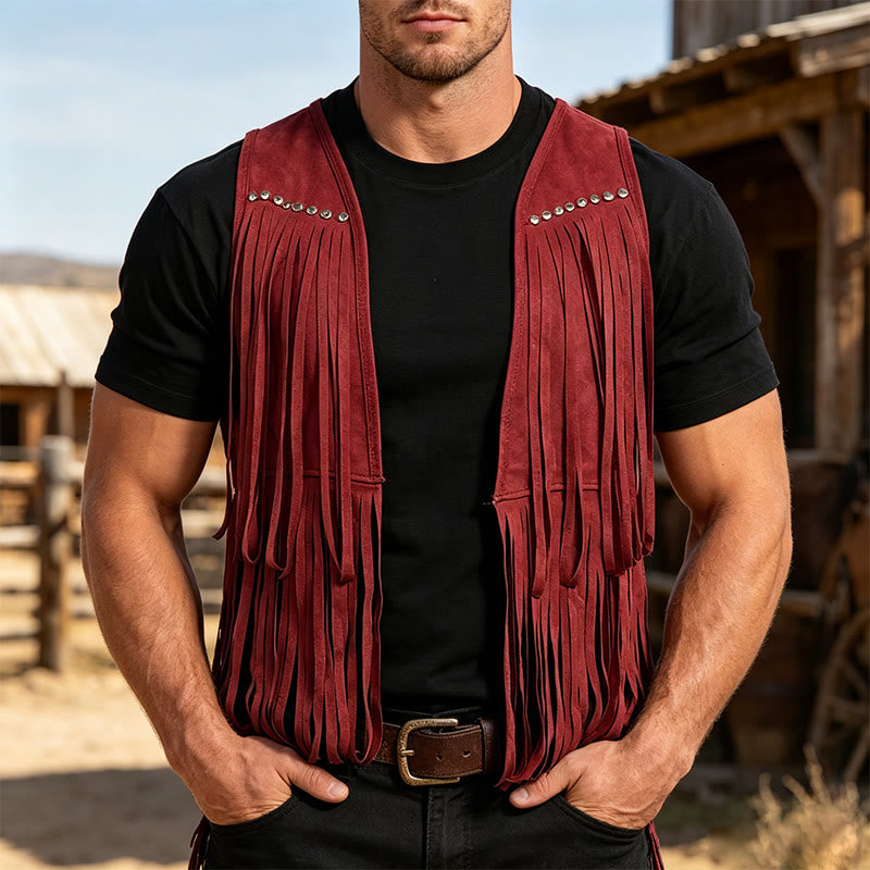 Hippie-Weste für Herren aus Wildlederimitat mit Fransen und Nieten - Rot - 2XL - image 6