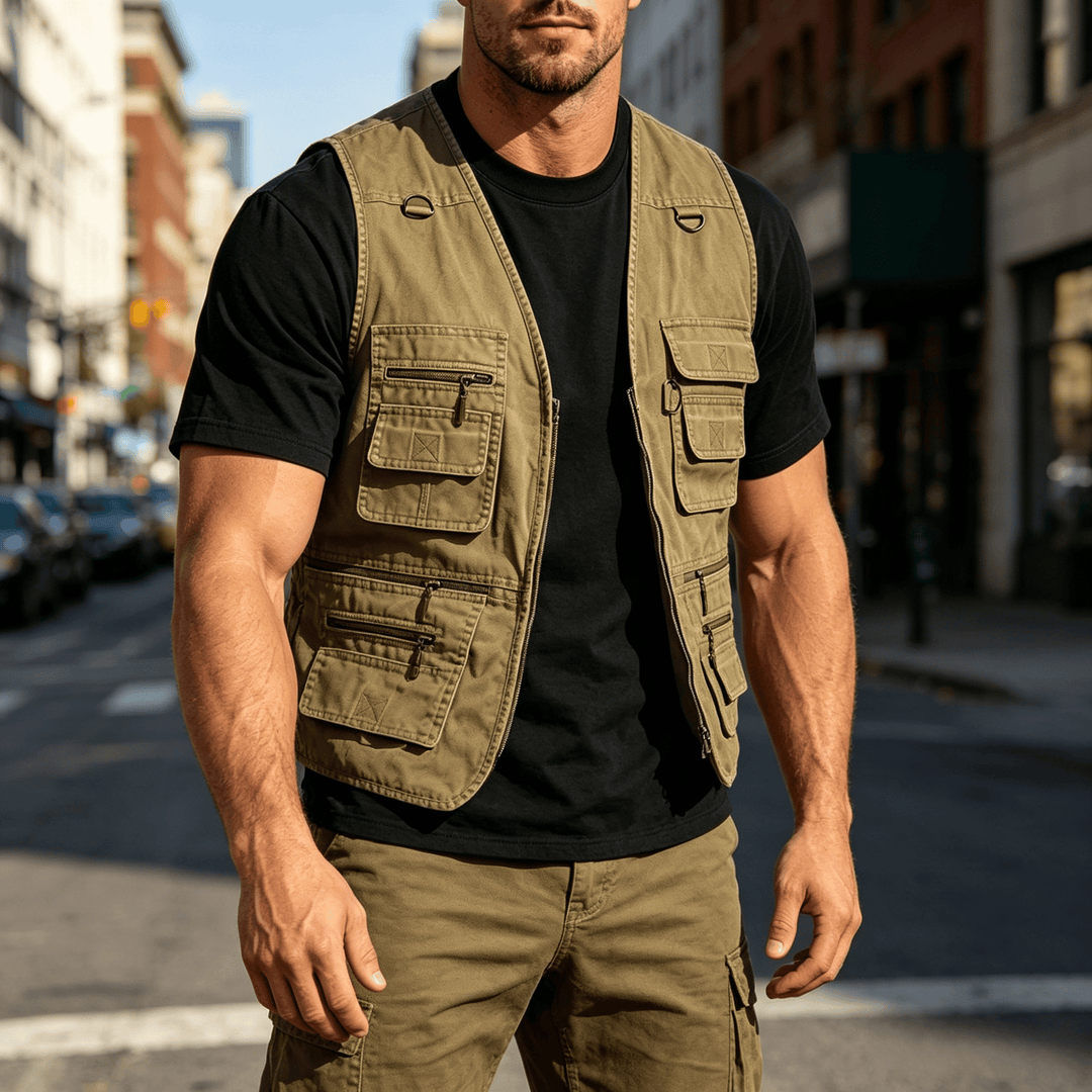 Herren-Outdoorweste aus gewaschenem Canvas mit mehreren Reißverschlusstaschen - Khaki - 7XL - image 0