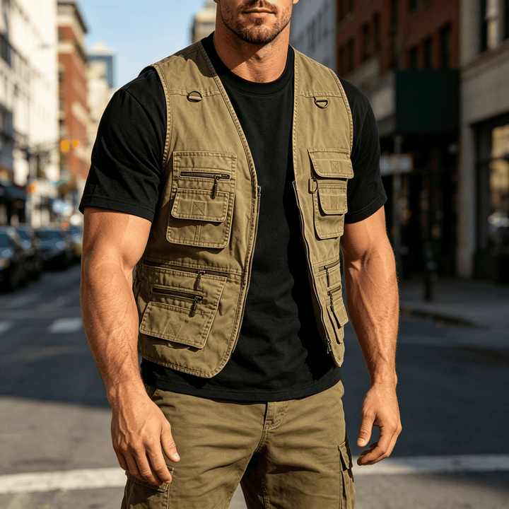 Herren-Outdoorweste aus gewaschenem Canvas mit mehreren Reißverschlusstaschen - Khaki - 7XL - image 0
