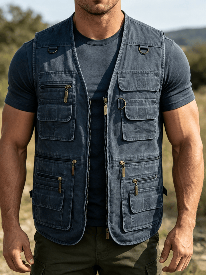 Herren-Outdoorweste aus gewaschenem Canvas mit mehreren Reißverschlusstaschen - Dunkelblau - 7XL - image 6