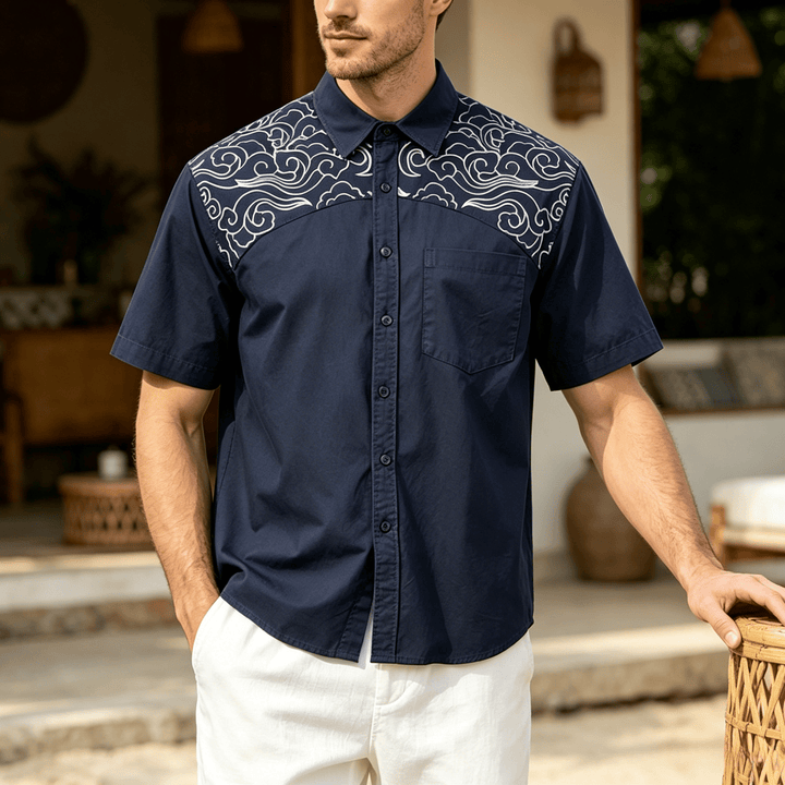 Streetwear Kurzarmhemd mit Wolkenstickerei - Marine - 4XL - image 0