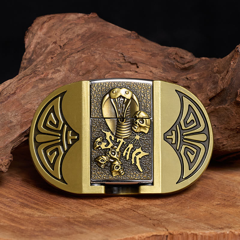Herren-Gürtel aus Leder mit selbstgemachtem Gothic-Motiv, Kobra-Totenkopf und verstecktem Feuerzeug - Bronze - Ohne Gürtel - Nicht im Lieferumfang enthalten: Gürtel - image 0