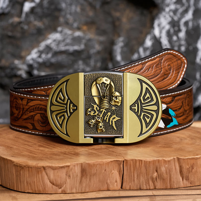 Herren-Gürtel aus Leder mit selbstgemachtem Gothic-Motiv, Kobra-Totenkopf und verstecktem Feuerzeug - Bronze - Brauner Federgürtel - 40 - image 6