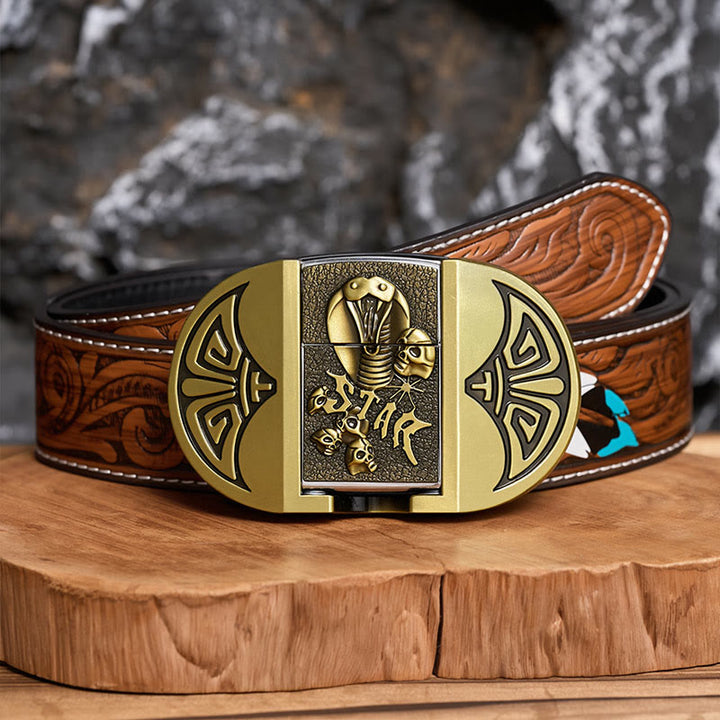 Herren-Gürtel aus Leder mit selbstgemachtem Gothic-Motiv, Kobra-Totenkopf und verstecktem Feuerzeug - Bronze - Brauner Federgürtel - 40 - image 6