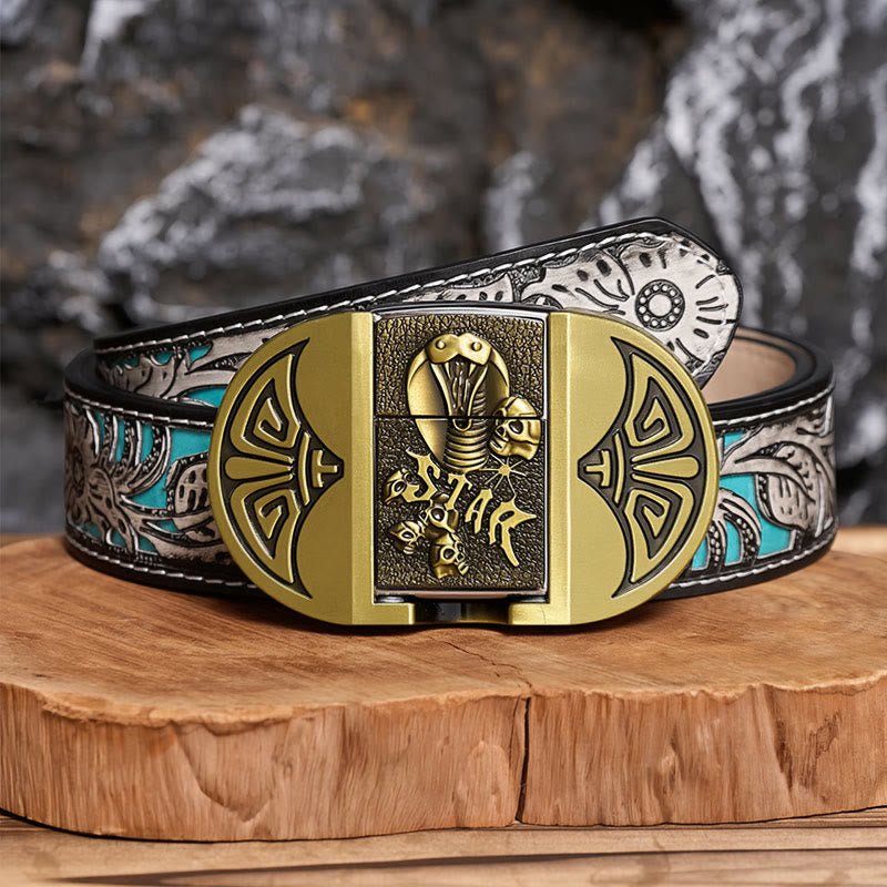 Herren-Gürtel aus Leder mit selbstgemachtem Gothic-Motiv, Kobra-Totenkopf und verstecktem Feuerzeug - Bronze - Grauer Gürtel mit Blumenmuster - 42 - image 7