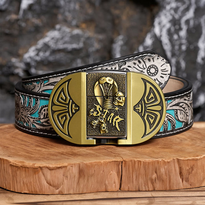 Herren-Gürtel aus Leder mit selbstgemachtem Gothic-Motiv, Kobra-Totenkopf und verstecktem Feuerzeug - Bronze - Grauer Gürtel mit Blumenmuster - 42 - image 7