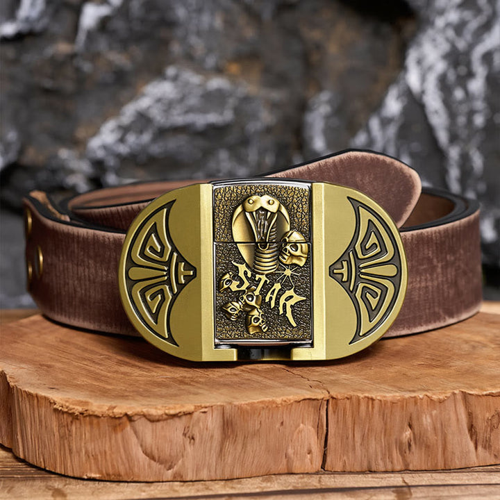 Herren-Gürtel aus Leder mit selbstgemachtem Gothic-Motiv, Kobra-Totenkopf und verstecktem Feuerzeug - Bronze - Brauner, abgenutzter Gürtel - 42 - image 5