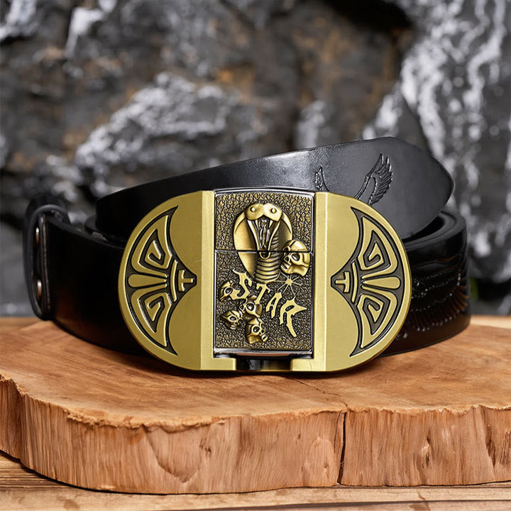 Herren-Gürtel aus Leder mit selbstgemachtem Gothic-Motiv, Kobra-Totenkopf und verstecktem Feuerzeug - Bronze - Schwarzer Gürtel mit Adlerprägung - 42 - image 2