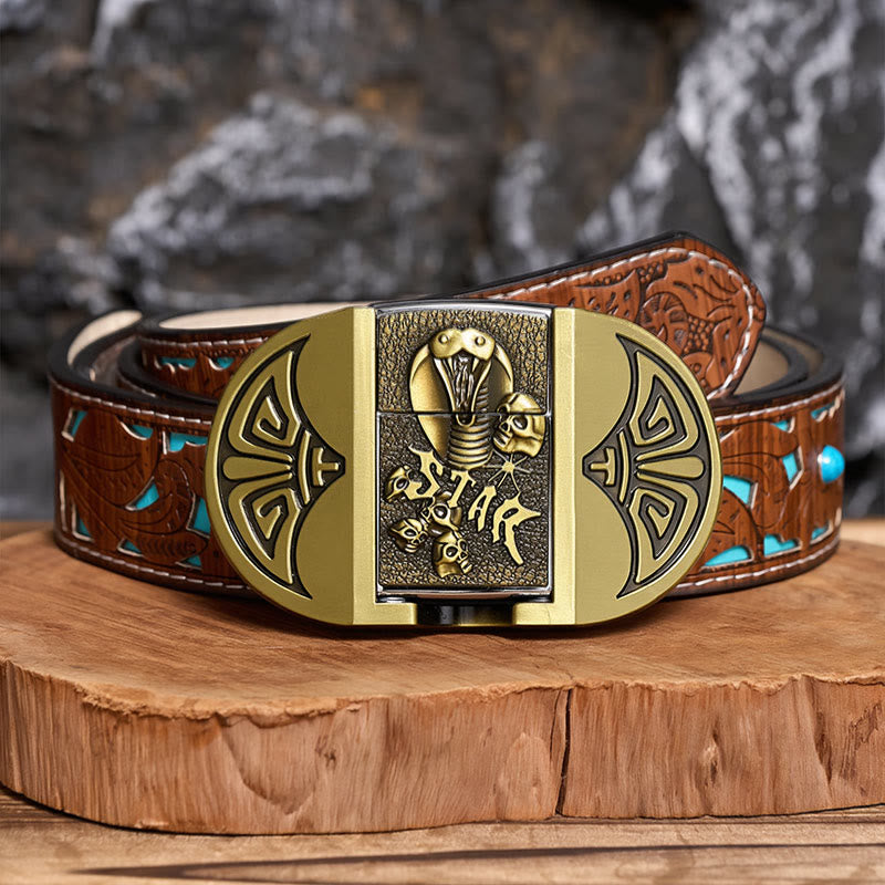 Herren-Gürtel aus Leder mit selbstgemachtem Gothic-Motiv, Kobra-Totenkopf und verstecktem Feuerzeug - Bronze - Türkisfarbener, geschnitzter Gürtel - 42 - image 3