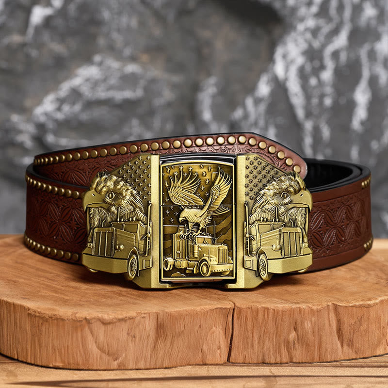 Herren-Ledergürtel zum Selbermachen mit amerikanischem Adler- und LKW-Motiv und verstecktem Feuerzeug - Bronze - Brauner Nietgürtel - 42 - image 4