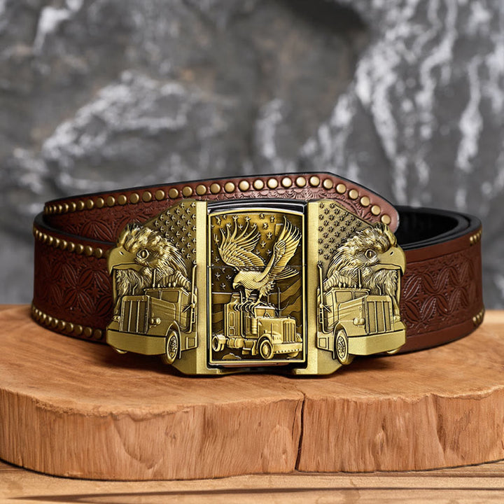 Herren-Ledergürtel zum Selbermachen mit amerikanischem Adler- und LKW-Motiv und verstecktem Feuerzeug - Bronze - Brauner Nietgürtel - 42 - image 4