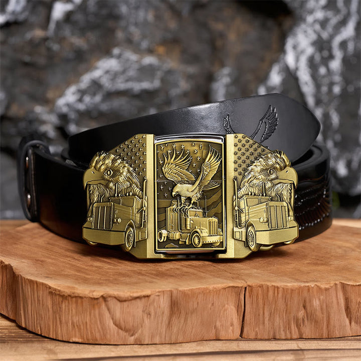 Herren-Ledergürtel zum Selbermachen mit amerikanischem Adler- und LKW-Motiv und verstecktem Feuerzeug - Bronze - Schwarzer Gürtel mit Adlerprägung - 42 - image 2